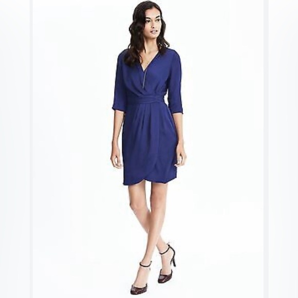 NWT BANANA REPUBLIC Navy Ruched Crossover Front V Neck Dress Sz 0 - Picture 1 of 6